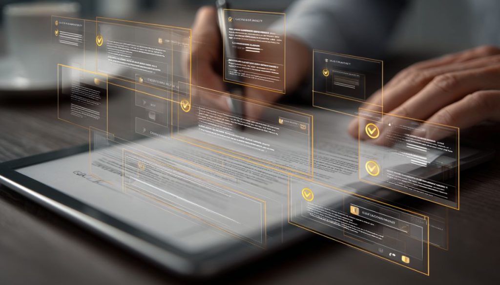 A man reviewing a digital contract with verification icons, illustrating clm meaning and automated contract workflows.