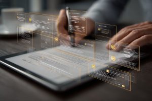 Ein Mann prüft einen digitalen Vertrag mit Prüfsymbolen, die die Bedeutung von clm und automatisierten Vertragsabläufen veranschaulichen.