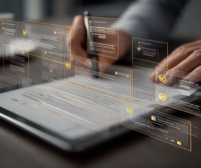 Ein Mann prüft einen digitalen Vertrag mit Prüfsymbolen, die die Bedeutung von clm und automatisierten Vertragsabläufen veranschaulichen.
