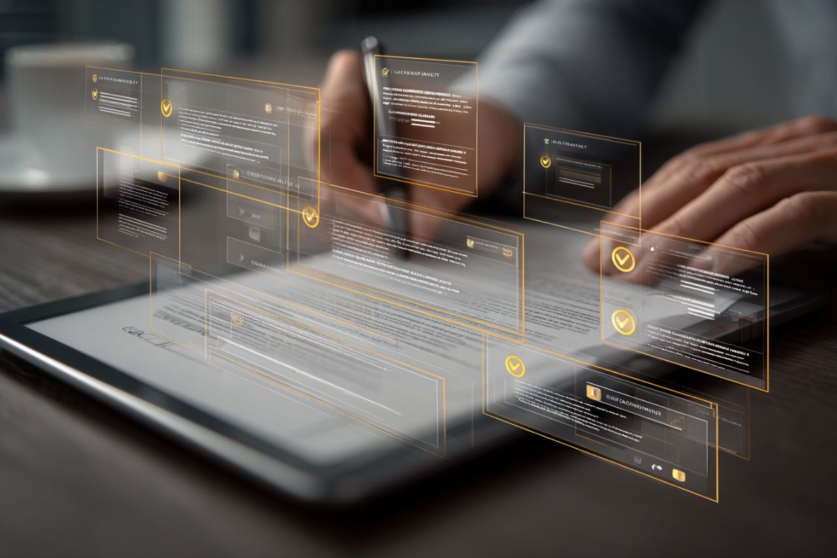 A man reviewing a digital contract with verification icons, illustrating clm meaning and automated contract workflows.
