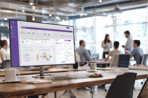 Widescreen monitor in a contemporary workspace displaying a comprehensive dashboard with task lists, timelines, and contract sections, representing intuitive contract collaboration software used by a busy team.