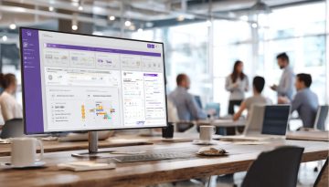 Moniteur à écran large dans un espace de travail contemporain affichant un tableau de bord complet avec des listes de tâches, des calendriers et des sections de contrat, représentant un logiciel de collaboration contractuelle intuitif utilisé par une équipe occupée.