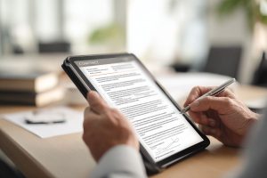 Business professional holding a tablet and using a stylus to add an electronic signature at the bottom of a digital contract, finalizing the contract summary and approval process.