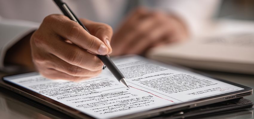 Professional using a stylus to highlight and take notes on a digital document displayed on a tablet, preparing a detailed contract summary for review.