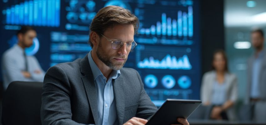Serious executive in a suit analyzing declining charts and metrics on a tablet in a modern office with large data screens in the background, representing the impact of poor asset management on business performance.