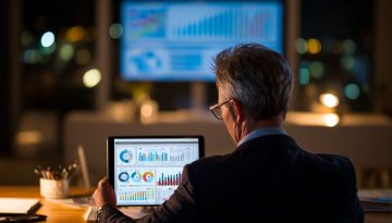 Ein leitender Angestellter in einem dunklen Büro, der bis spät in die Nacht aufmerksam Finanzgrafiken und KPI-Dashboards auf einem Tablet studiert und dabei auf die anhaltenden Probleme hinweist, die durch schlechte Vermögensverwaltung und ineffiziente Ressourcenzuweisung verursacht werden.
