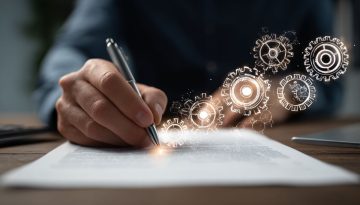 Gros plan d'une main signant un document avec une superposition d'engrenages numériques, symbolisant la gestion post-contractuelle et l'optimisation du flux de travail.