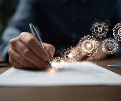 Close-up of a hand signing a document with digital gears overlay, symbolizing post contract management and workflow optimization.