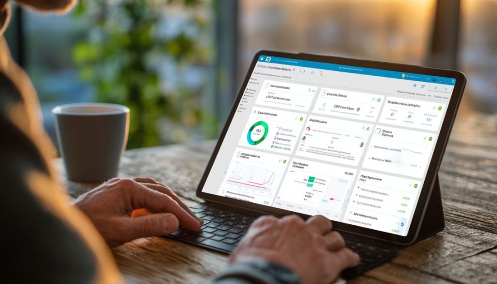 Business professional accessing contract management tools on a tablet in landscape mode, featuring an organized dashboard with circular progress indicators, line charts for performance trends, client summaries, status badges, financial metrics, and searchable panels for tracking contracts, renewals, and compliance in a real-time business environment with a coffee cup nearby.