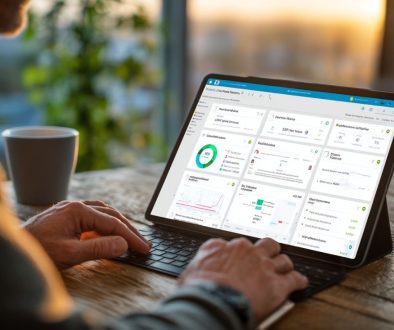 Business professional accessing contract management tools on a tablet in landscape mode, featuring an organized dashboard with circular progress indicators, line charts for performance trends, client summaries, status badges, financial metrics, and searchable panels for tracking contracts, renewals, and compliance in a real-time business environment with a coffee cup nearby.