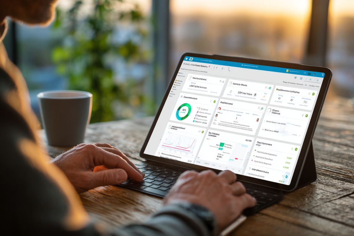 Business professional accessing contract management tools on a tablet in landscape mode, featuring an organized dashboard with circular progress indicators, line charts for performance trends, client summaries, status badges, financial metrics, and searchable panels for tracking contracts, renewals, and compliance in a real-time business environment with a coffee cup nearby.