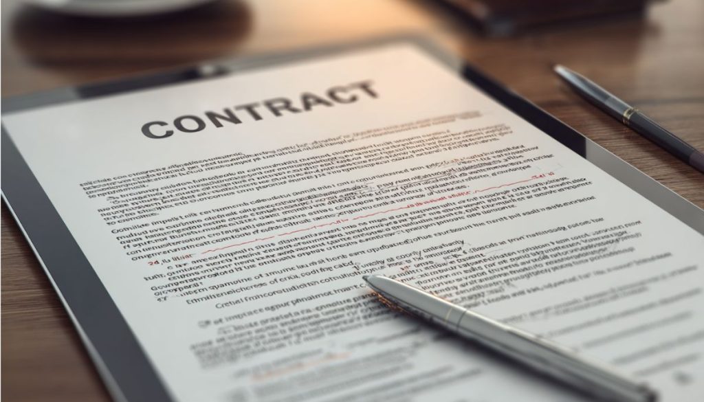 indemnification-agreement1 Tablet resting on a desk showing a formal contract document titled 'CONTRACT' with highlighted and annotated sections, depicting the careful review process involved in an indemnification agreement, with a pen ready for signatures or notes.