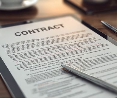 Tablet resting on a desk showing a formal contract document titled 'CONTRACT' with highlighted and annotated sections, depicting the careful review process involved in an indemnification agreement, with a pen ready for signatures or notes.