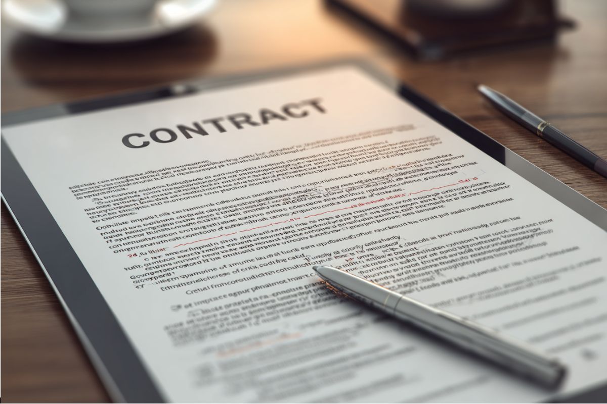 Tablet resting on a desk showing a formal contract document titled 'CONTRACT' with highlighted and annotated sections, depicting the careful review process involved in an indemnification agreement, with a pen ready for signatures or notes.