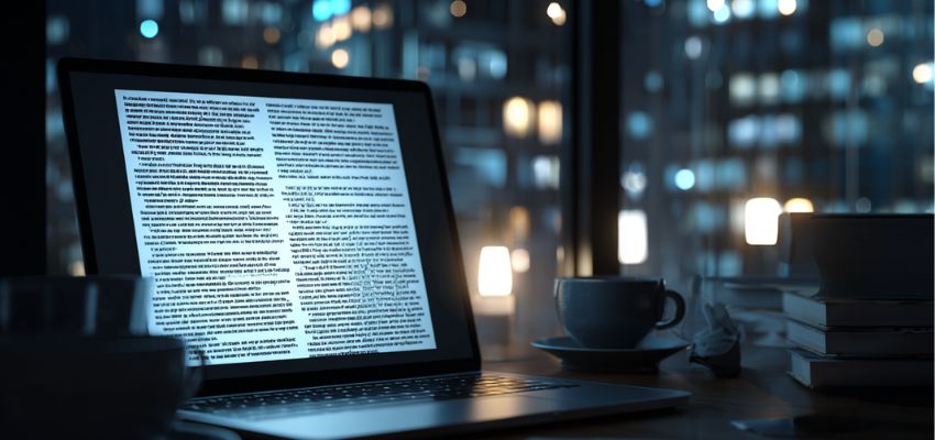 indemnification-agreement2 Close-up of a tablet screen showing legal contract text illuminated by soft blue background lights, illustrating the detailed clauses typically found in an indemnification agreement during evening review or negotiation.