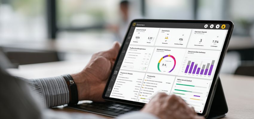 indemnification-agreement3 Business professional in a modern office viewing performance metrics and data visualizations on a tablet, representing how an indemnification agreement might be reviewed alongside risk and liability analytics in a professional setting.
