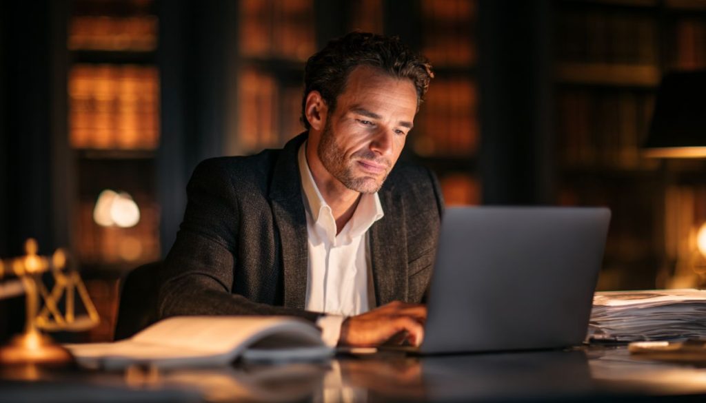 Professional lawyer in a gray suit focused on his laptop screen late at night in a law library, surrounded by stacks of legal documents and a judge’s gavel, illustrating the integration of legal AI into modern legal practice and case preparation