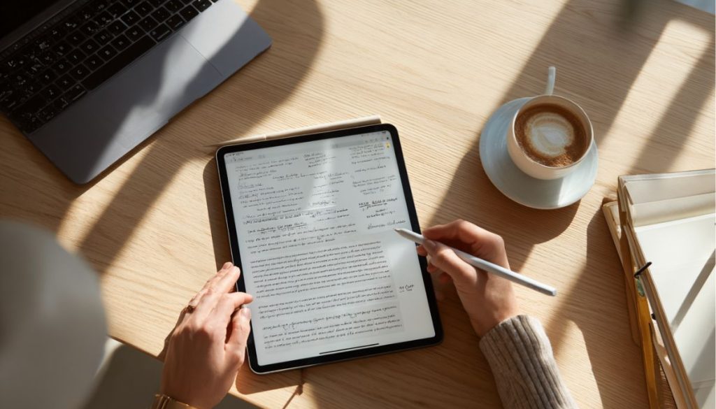 Business professional reviewing digital charts and analytics on a tablet at a sunlit workspace, with coffee and documents nearby, representing the analysis and preparation phase before finalizing a sales contract.