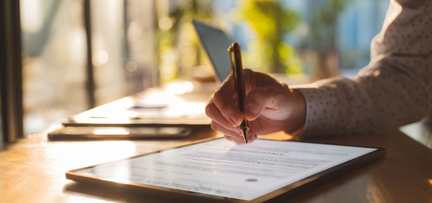 Close-up of a person using a stylus to sign an electronic document on a tablet, seated at a wooden desk with natural light streaming in, capturing the moment of executing a sales contract in a modern business environment.