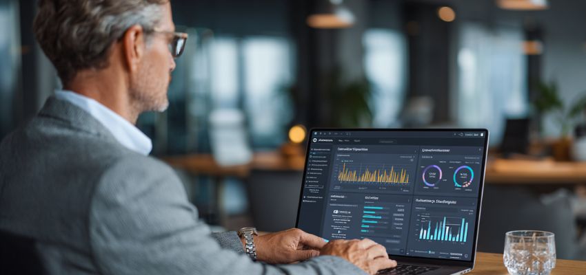 Mature executive in glasses focused on advanced data visualizations and metrics on laptop, highlighting contract management software benefits for better decision-making and oversight.