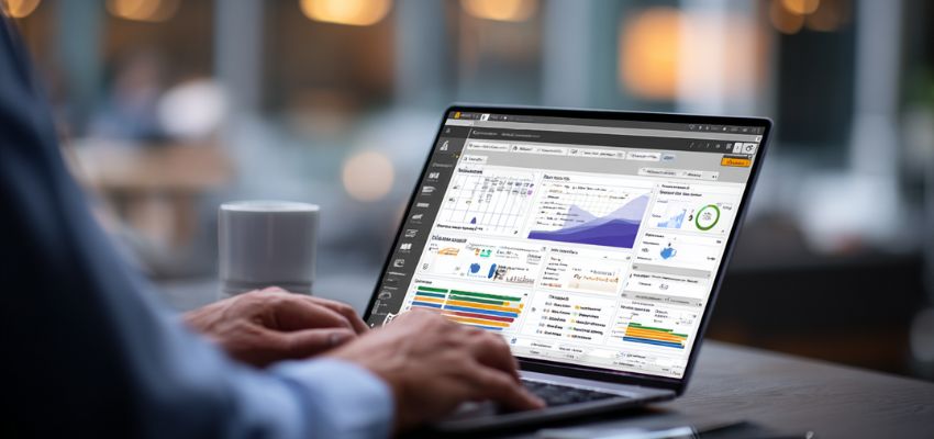 Business professional analyzing colorful dashboards and graphs on laptop screen, showcasing contract management software benefits like streamlined insights and efficiency.