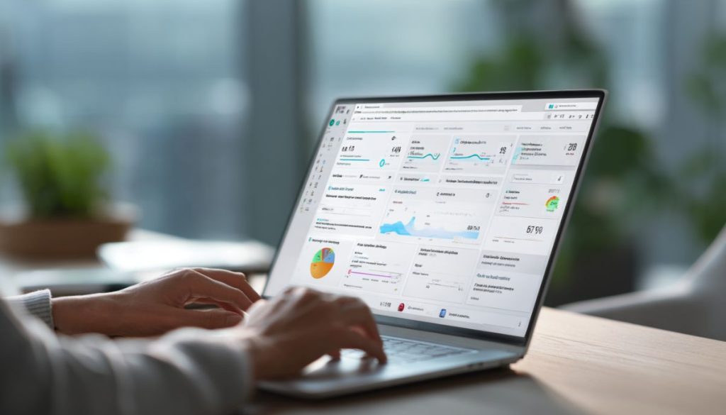 Hands typing on laptop showing detailed KPI dashboards, timelines, and analytics, illustrating key contract management software benefits such as improved tracking and performance visibility.