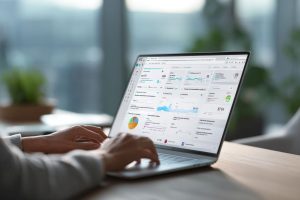 Hands typing on laptop showing detailed KPI dashboards, timelines, and analytics, illustrating key contract management software benefits such as improved tracking and performance visibility.