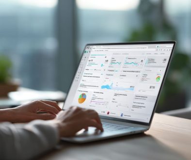 Hands typing on laptop showing detailed KPI dashboards, timelines, and analytics, illustrating key contract management software benefits such as improved tracking and performance visibility.