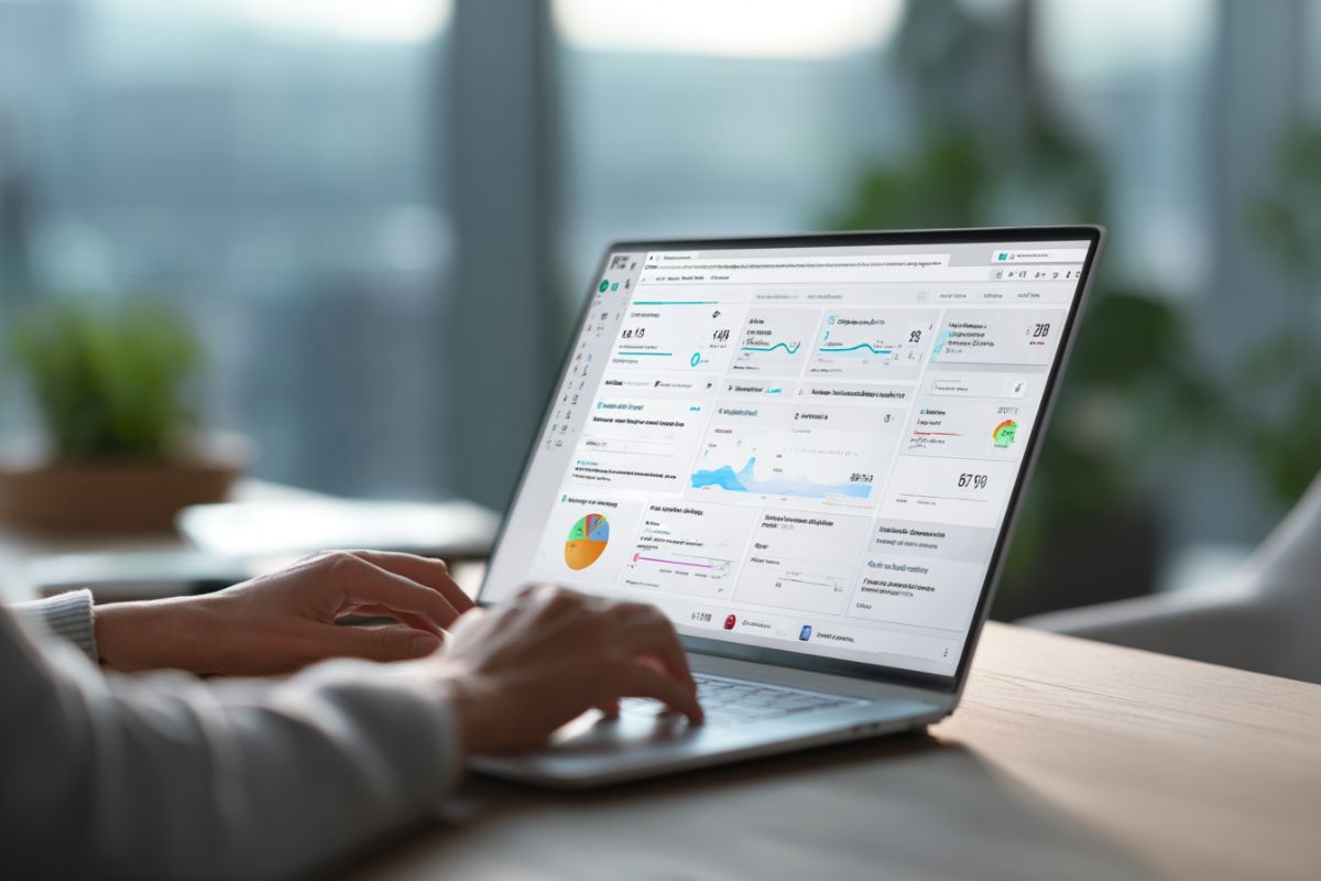 Hands typing on laptop showing detailed KPI dashboards, timelines, and analytics, illustrating key contract management software benefits such as improved tracking and performance visibility.
