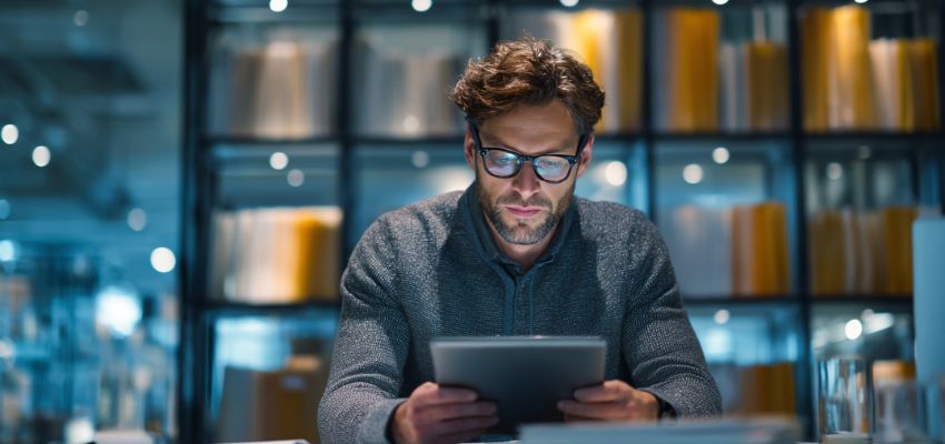 contract-strategies1 Focused businessman analyzing contract strategies on a digital tablet in modern office