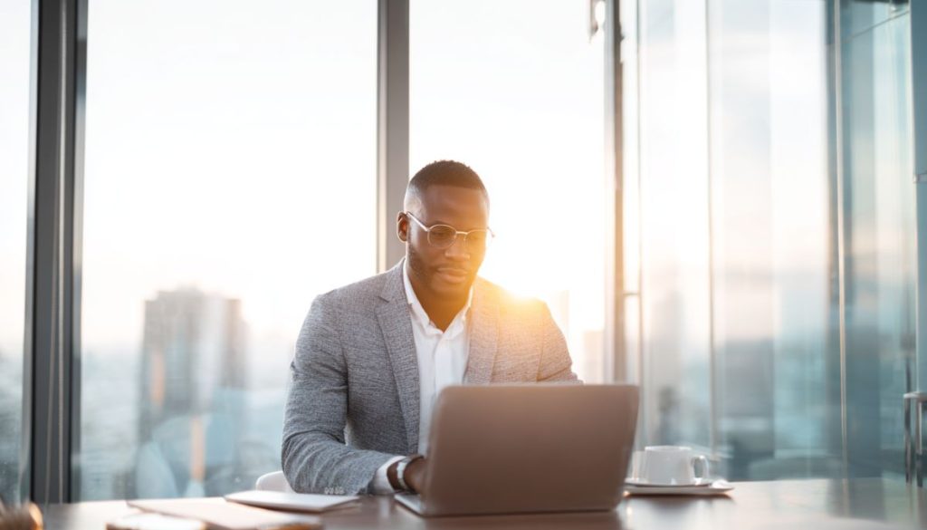 Business professional working on business law contracts in modern office