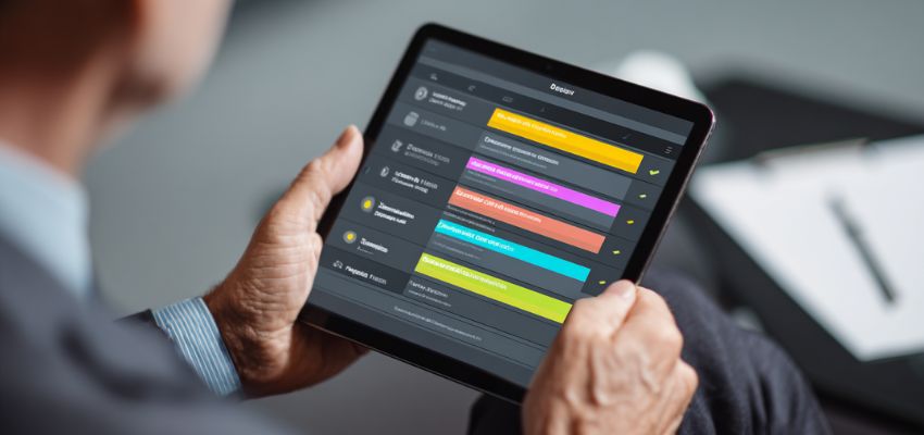 contract-addendum3 A person reviews the details of a contract addendum displayed on a tablet screen with colorful sections.