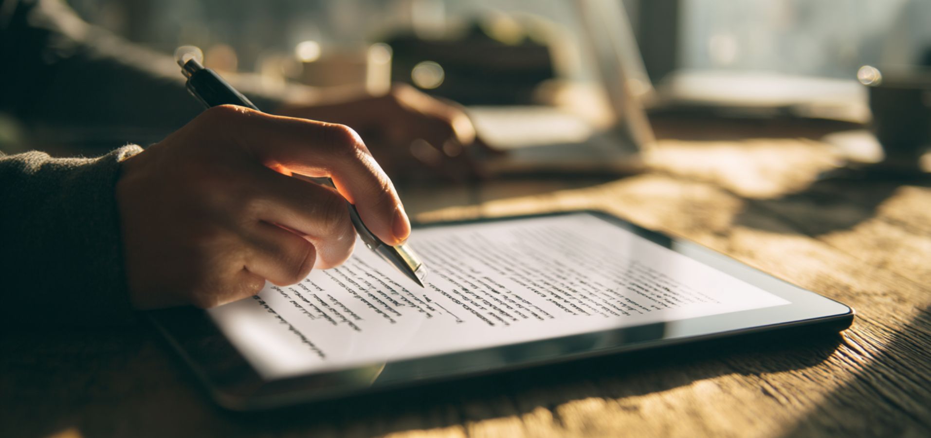 Hand signing digital document on tablet illustrating types of contract